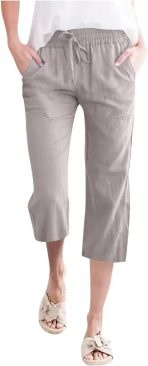Capri Pants for Women Casual Summer Linen Capris Drawstring Elastic Waist Wide Leg Cropped Trousers