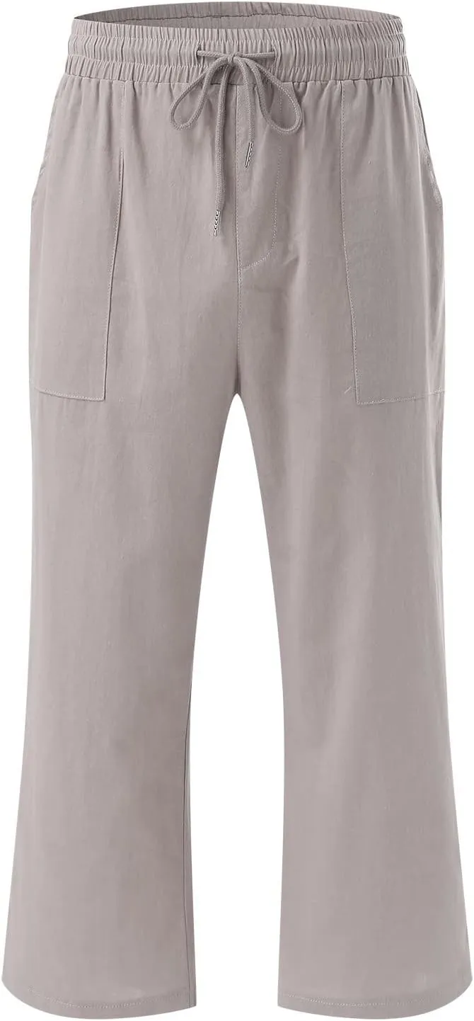 Capri Pants for Women Casual Summer Linen Capris Drawstring Elastic Waist Wide Leg Cropped Trousers