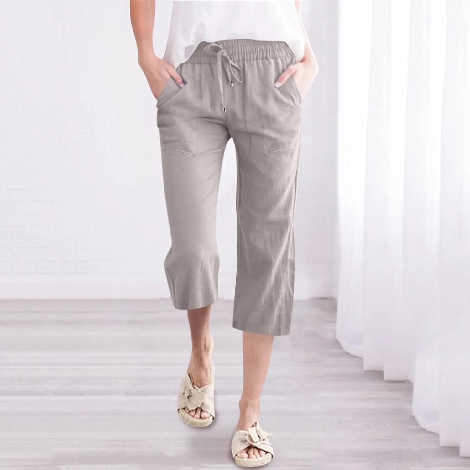 Capri Pants for Women Casual Summer Linen Capris Drawstring Elastic Waist Wide Leg Cropped Trousers