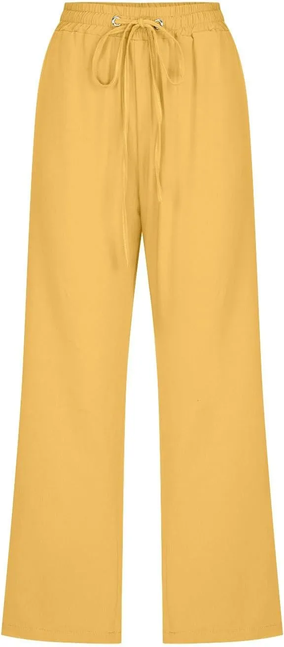 Capri Pants for Women Casual Summer Linen Capris Drawstring Elastic Waist Wide Leg Cropped Trousers