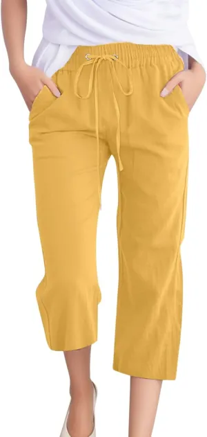 Capri Pants for Women Casual Summer Linen Capris Drawstring Elastic Waist Wide Leg Cropped Trousers