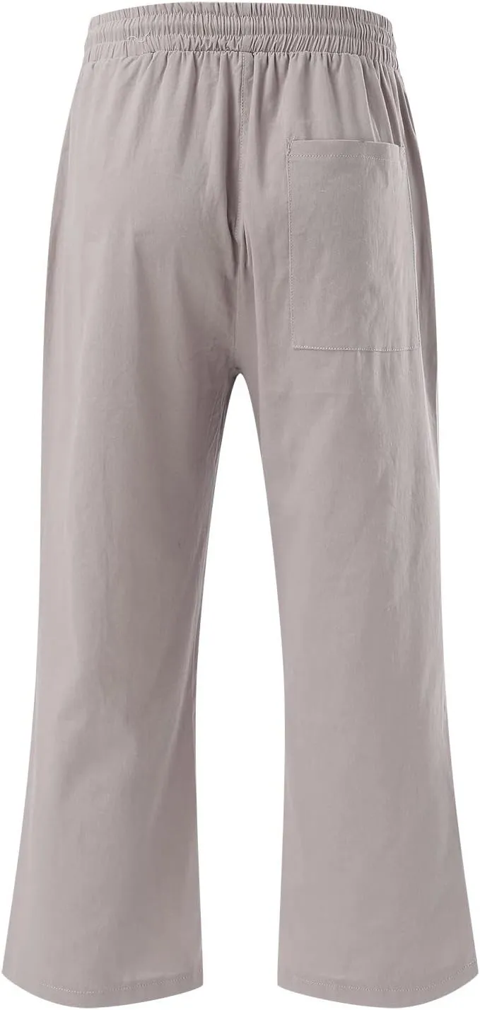 Capri Pants for Women Casual Summer Linen Capris Drawstring Elastic Waist Wide Leg Cropped Trousers