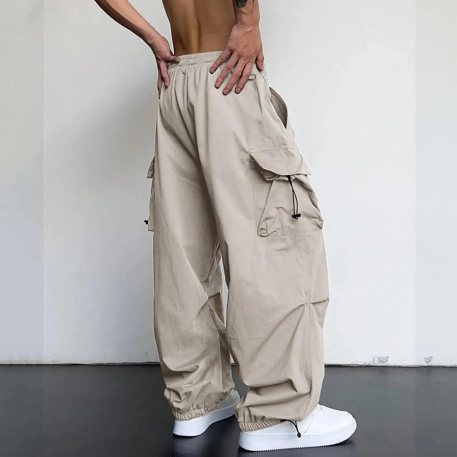 Cargo Pants for Men, Casual Solid Color Sports Multi Pocket Foot Rope Pants Street Fashion Tie Waist Sweatpants