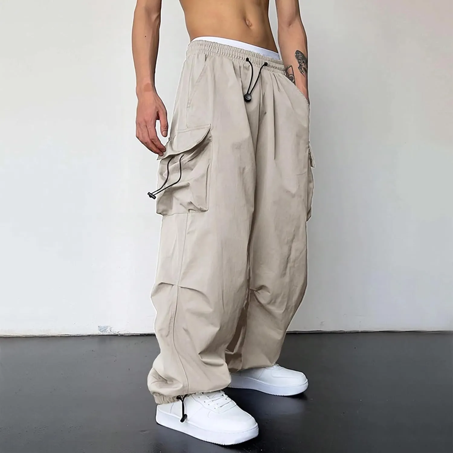 Cargo Pants for Men, Casual Solid Color Sports Multi Pocket Foot Rope Pants Street Fashion Tie Waist Sweatpants