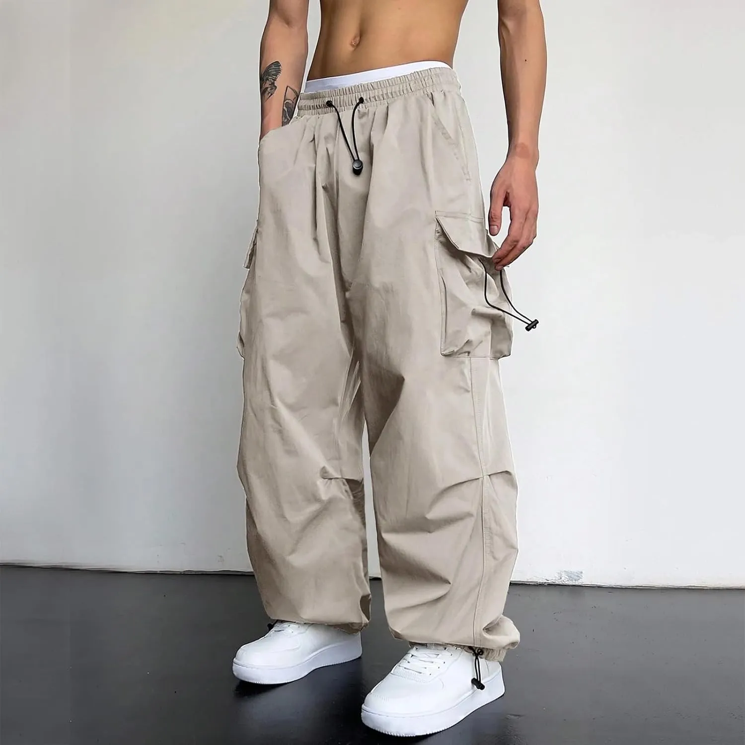 Cargo Pants for Men, Casual Solid Color Sports Multi Pocket Foot Rope Pants Street Fashion Tie Waist Sweatpants