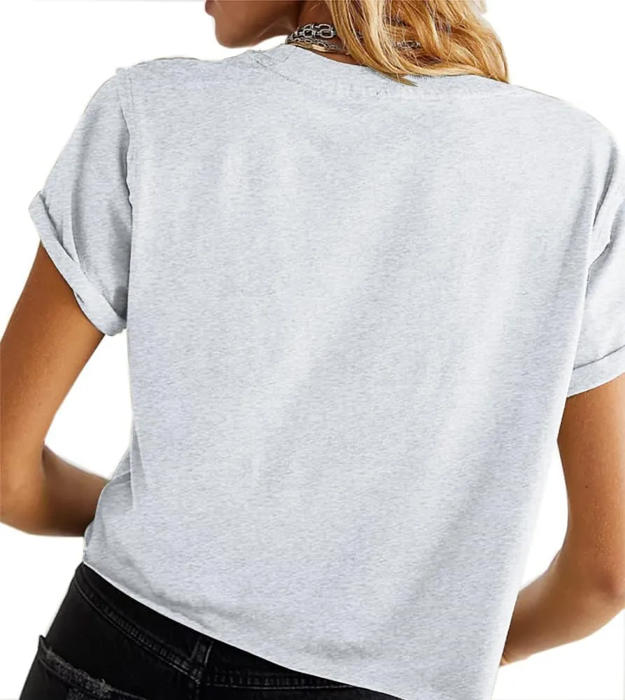 Carpetcom Women's Summer Casual Loose Fit Plain Soild Basic Short Sleeve Crop Tops T-Shirts