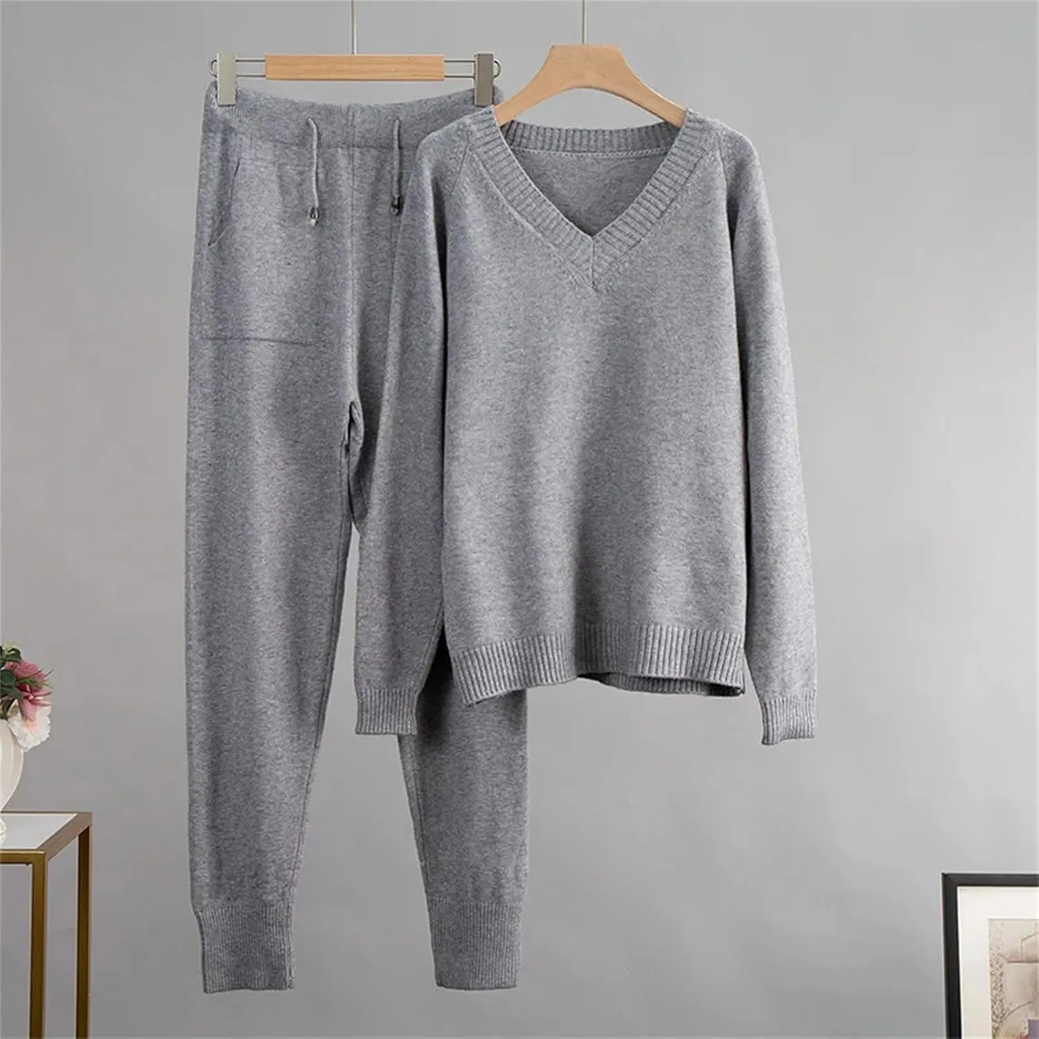 Cashmere Knitted Sets Women Loose V Neck Sweater & Carrot Pant 2 Pieces Female Outfit Tracksuits Harem Pants