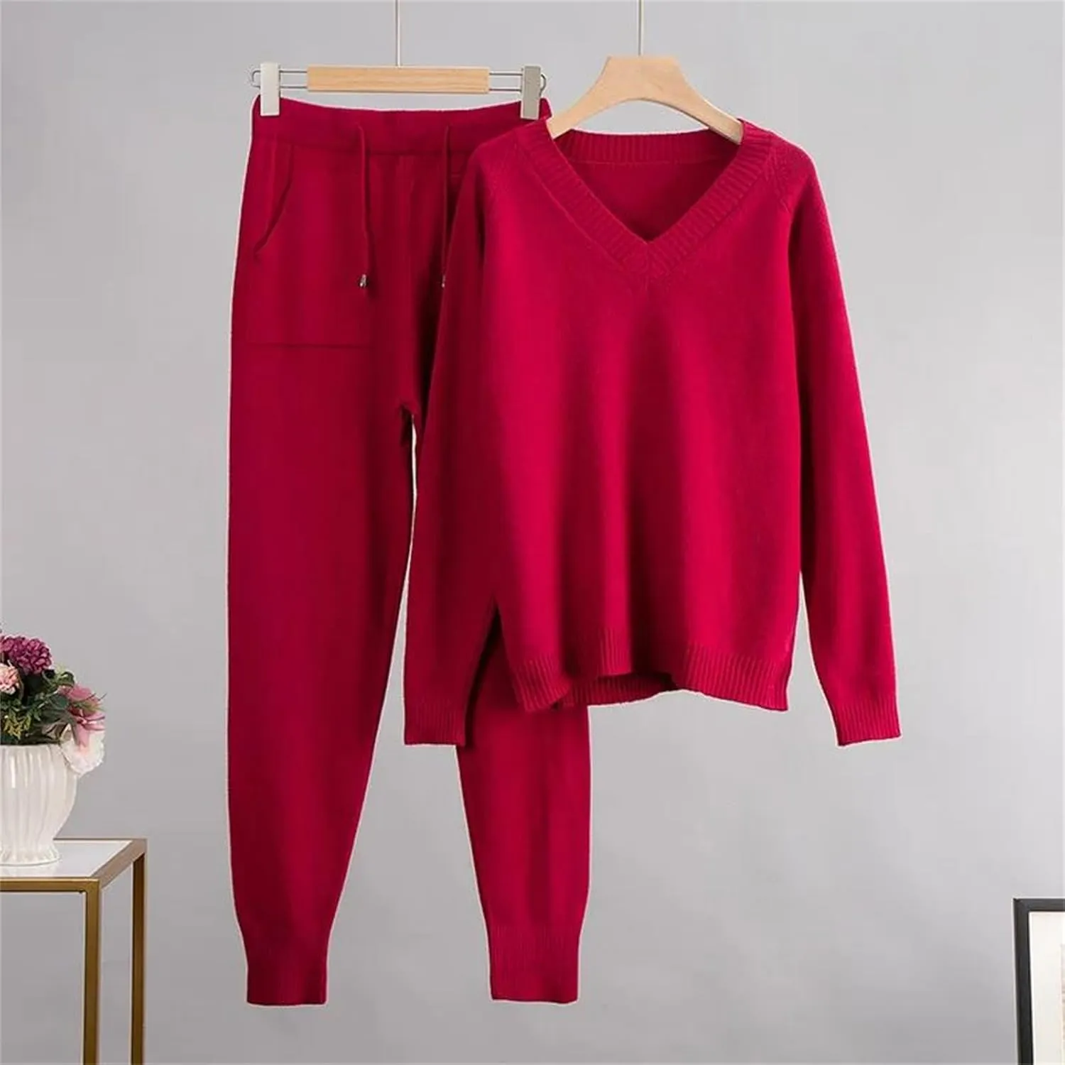 Cashmere Knitted Sets Women Loose V Neck Sweater & Carrot Pant 2 Pieces Female Outfit Tracksuits Harem Pants