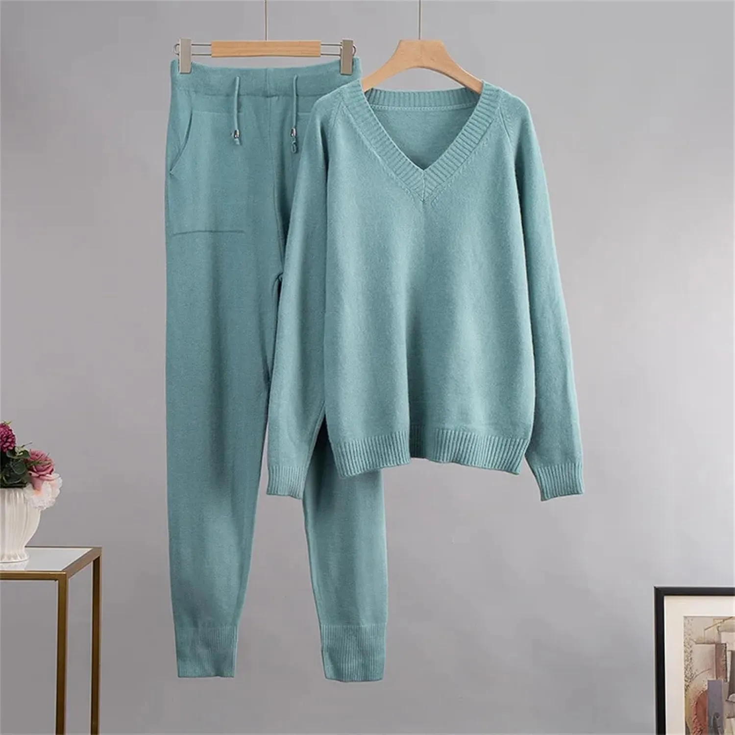 Cashmere Knitted Sets Women Loose V Neck Sweater & Carrot Pant 2 Pieces Female Outfit Tracksuits Harem Pants