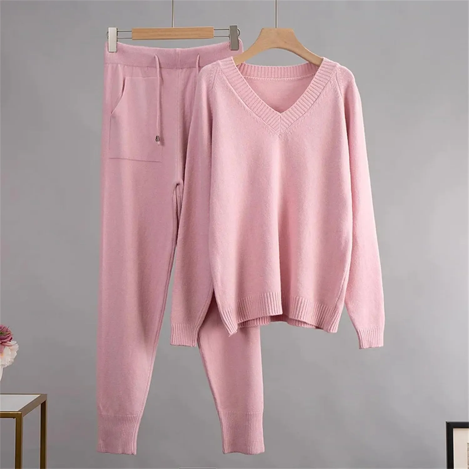 Cashmere Knitted Sets Women Loose V Neck Sweater & Carrot Pant 2 Pieces Female Outfit Tracksuits Harem Pants