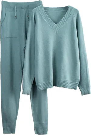 Cashmere Knitted Sets Women Loose V Neck Sweater & Carrot Pant 2 Pieces Female Outfit Tracksuits Harem Pants