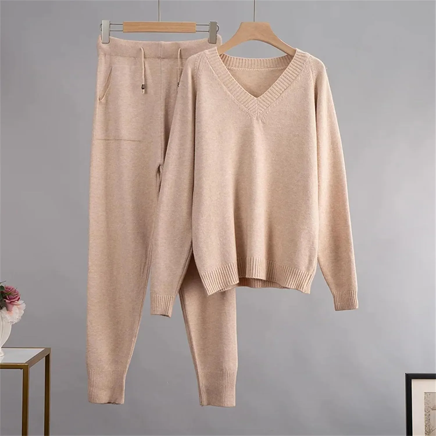 Cashmere Knitted Sets Women Loose V Neck Sweater & Carrot Pant 2 Pieces Female Outfit Tracksuits Harem Pants