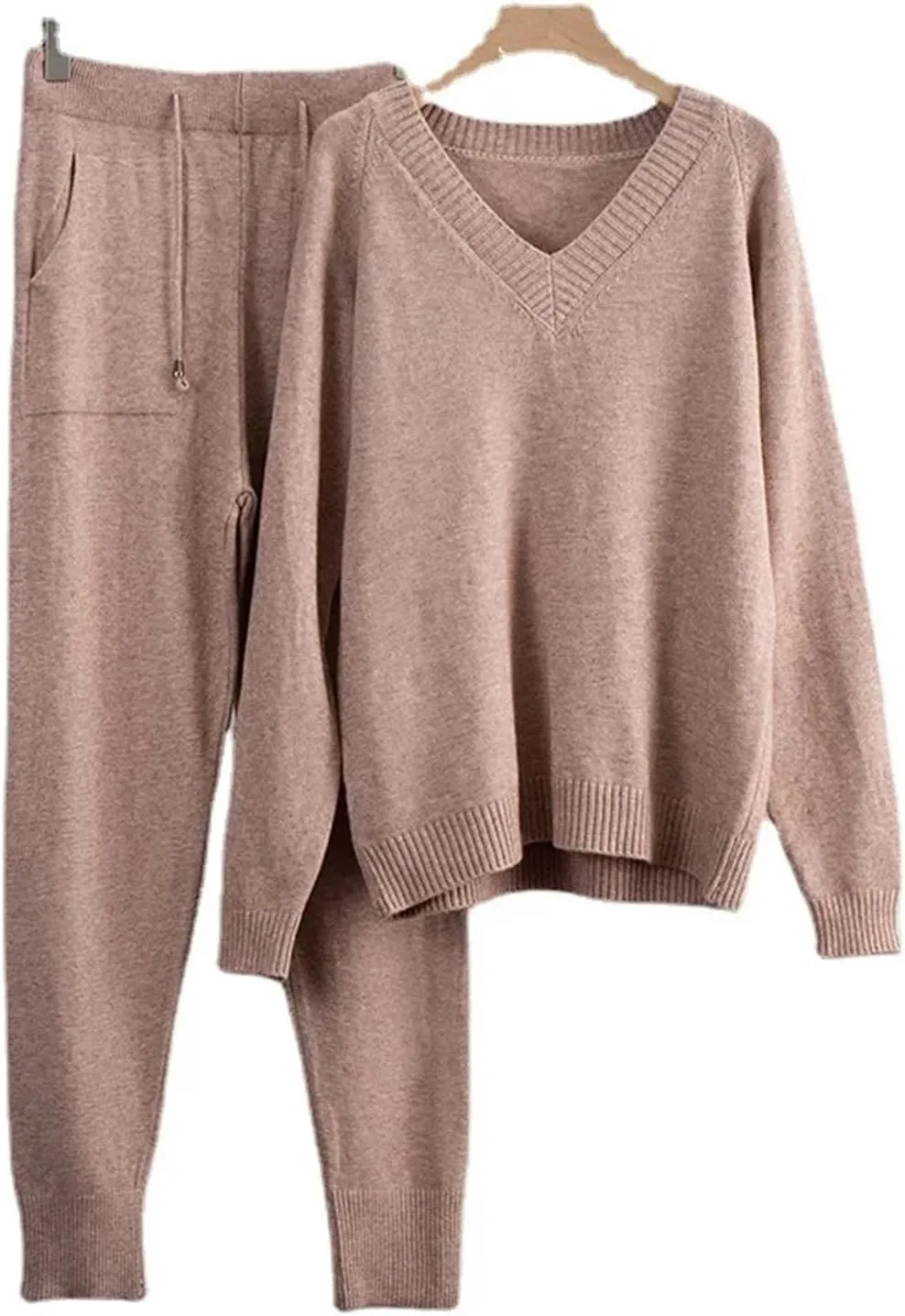 Cashmere Knitted Sets Women Loose V Neck Sweater & Carrot Pant 2 Pieces Female Outfit Tracksuits Harem Pants