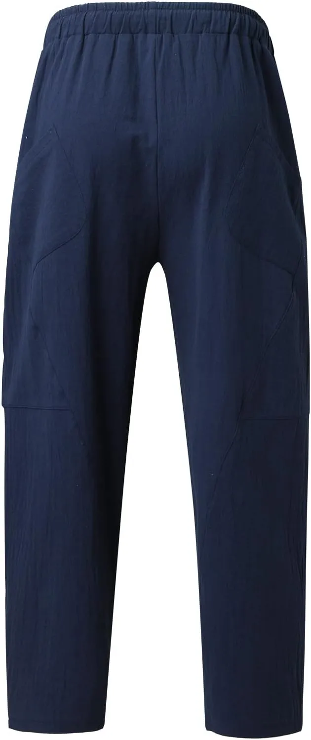 Casual Summer Pants for Men Linen Solid Color Pant Drawstring Joggers Loose Fit Pants Long Trousers with Pockets