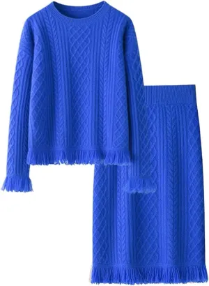 CHARTOU Women Elegant Sweater Sets Fall 2 Pieces Outfits Tassel Pullover Sweater Knit Pencil Skirt