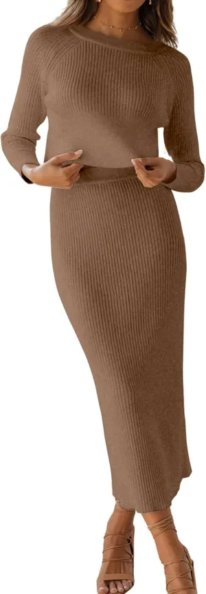 CHARTOU Women Two Piece Sweater Skirt Set Outfits Knit Sweater Top Pullover Knitted Slit Bodycon Pencil Skirt