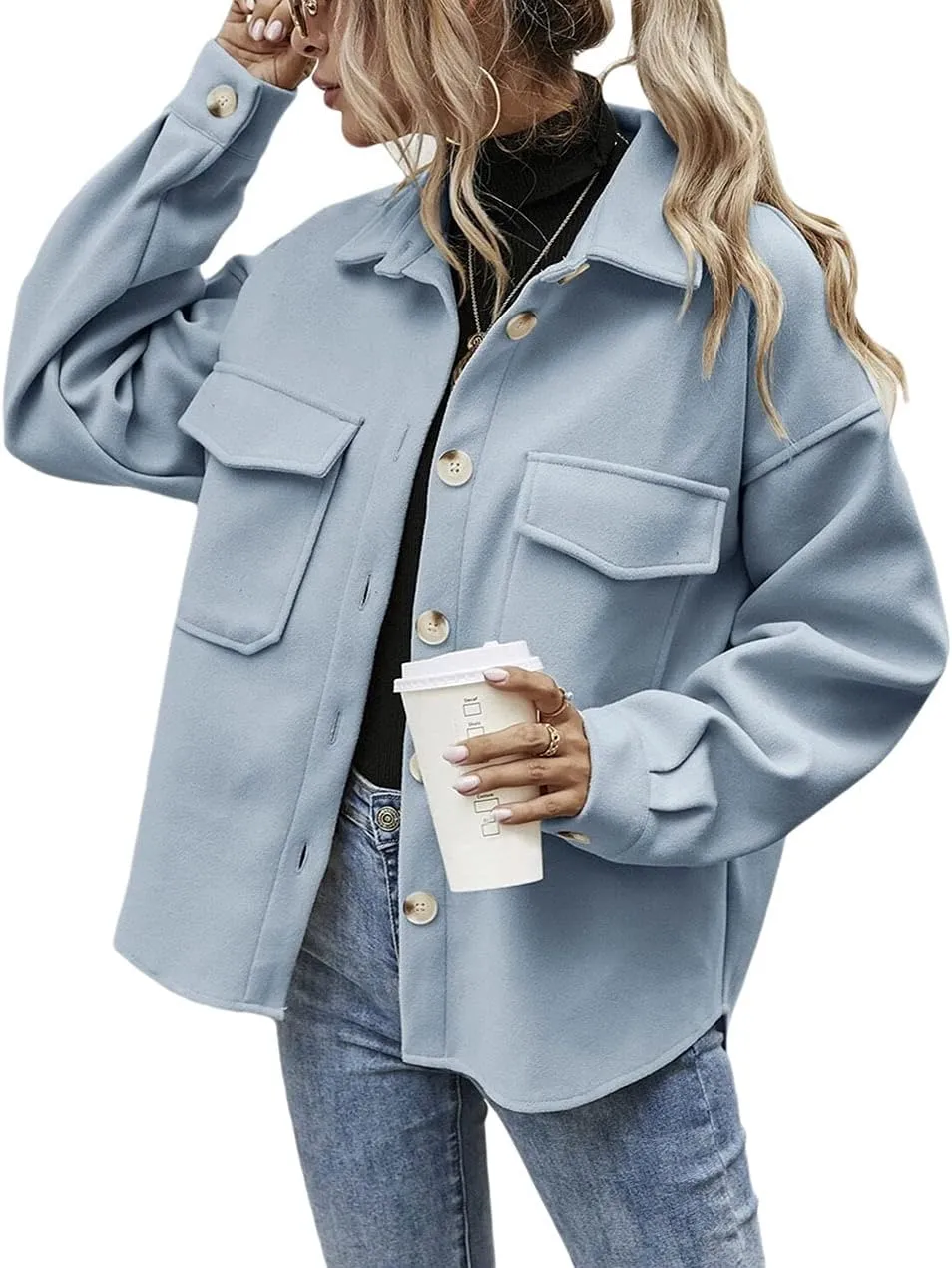 CHARTOU Women's Loose Turn Down Lapel Single Breasted Short Pea Coat Jacket
