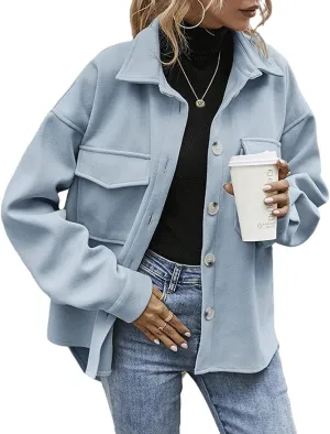 CHARTOU Women's Loose Turn Down Lapel Single Breasted Short Pea Coat Jacket