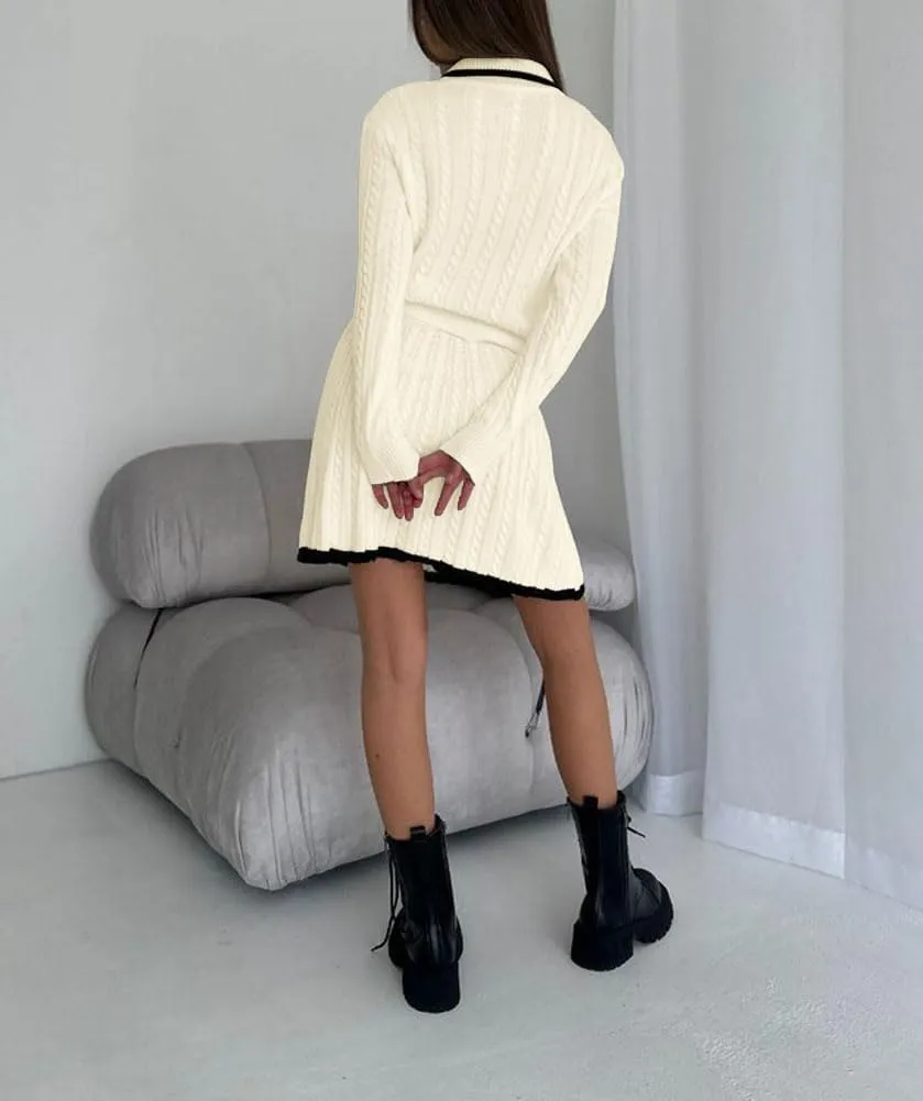 chouyatou Women's Cable Knit 2 Piece Outfits Long Sleeve Polo Sweater and Elastic Waist Pleated Mini Skirt Sets