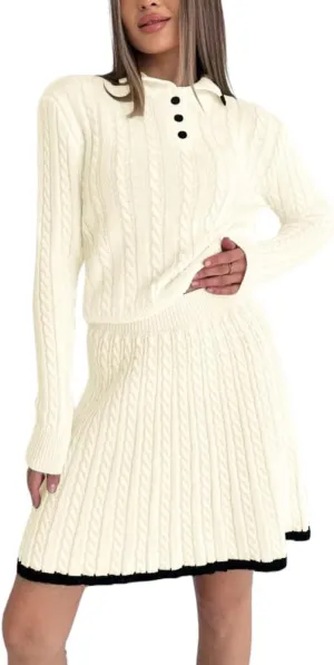chouyatou Women's Cable Knit 2 Piece Outfits Long Sleeve Polo Sweater and Elastic Waist Pleated Mini Skirt Sets