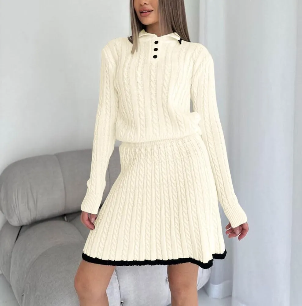 chouyatou Women's Cable Knit 2 Piece Outfits Long Sleeve Polo Sweater and Elastic Waist Pleated Mini Skirt Sets