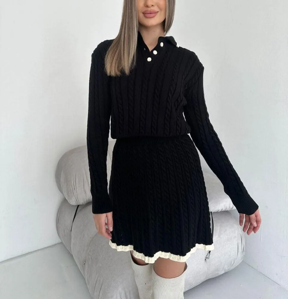 chouyatou Women's Cable Knit 2 Piece Outfits Long Sleeve Polo Sweater and Elastic Waist Pleated Mini Skirt Sets