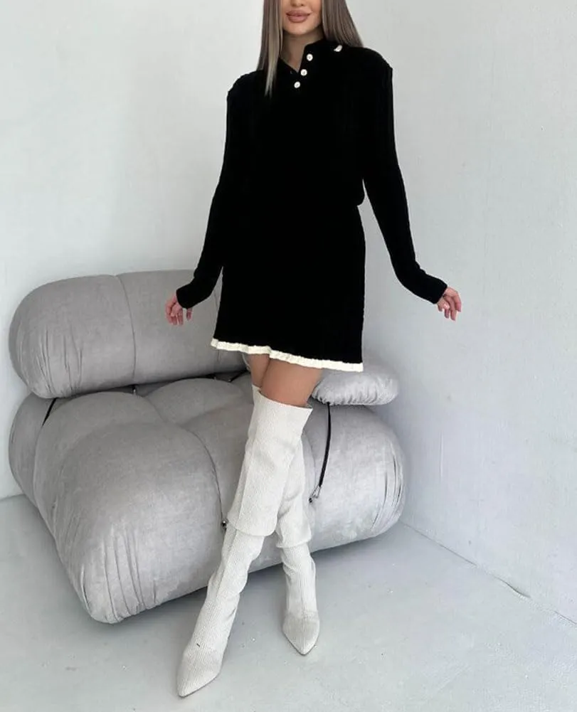 chouyatou Women's Cable Knit 2 Piece Outfits Long Sleeve Polo Sweater and Elastic Waist Pleated Mini Skirt Sets