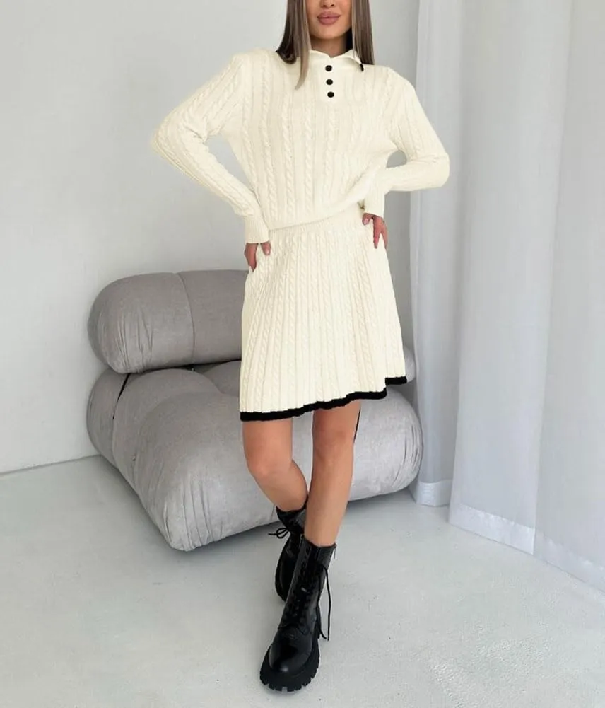 chouyatou Women's Cable Knit 2 Piece Outfits Long Sleeve Polo Sweater and Elastic Waist Pleated Mini Skirt Sets