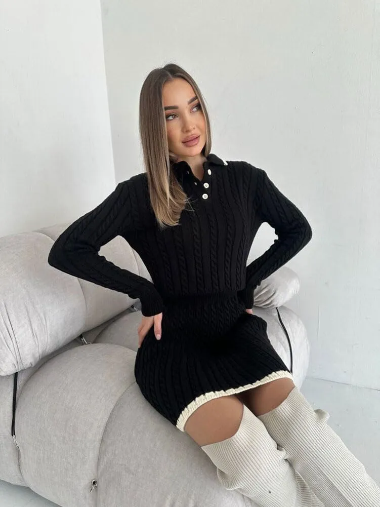 chouyatou Women's Cable Knit 2 Piece Outfits Long Sleeve Polo Sweater and Elastic Waist Pleated Mini Skirt Sets