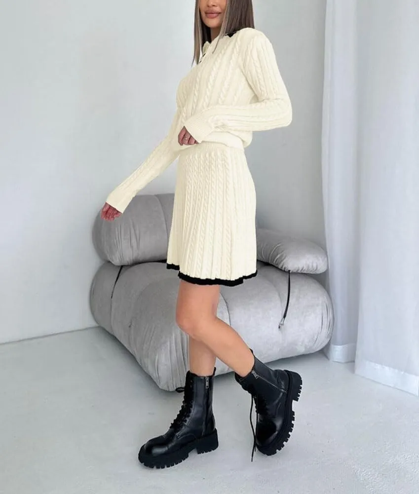 chouyatou Women's Cable Knit 2 Piece Outfits Long Sleeve Polo Sweater and Elastic Waist Pleated Mini Skirt Sets