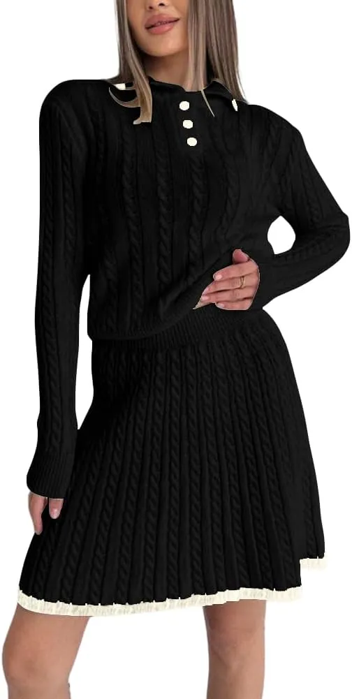 chouyatou Women's Cable Knit 2 Piece Outfits Long Sleeve Polo Sweater and Elastic Waist Pleated Mini Skirt Sets
