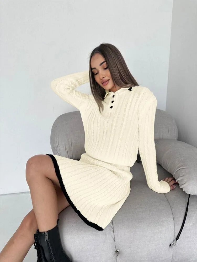 chouyatou Women's Cable Knit 2 Piece Outfits Long Sleeve Polo Sweater and Elastic Waist Pleated Mini Skirt Sets