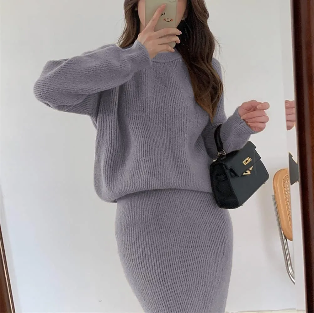 chouyatou Women's Two Piece Sweater Skirt Sets Knit Sweater Top Bodycon Skirt 2 Piece Outfits