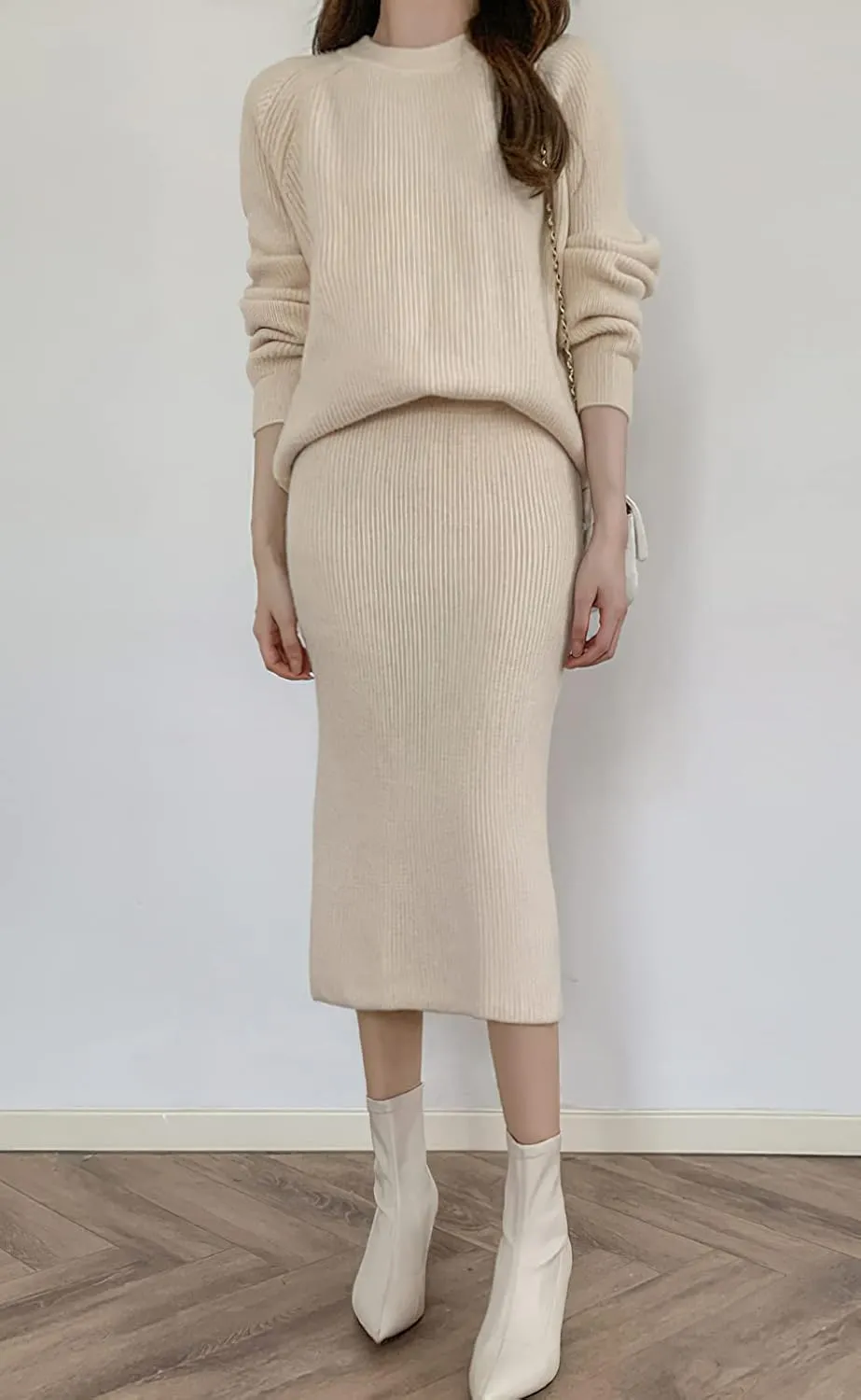 chouyatou Women's Two Piece Sweater Skirt Sets Knit Sweater Top Bodycon Skirt 2 Piece Outfits