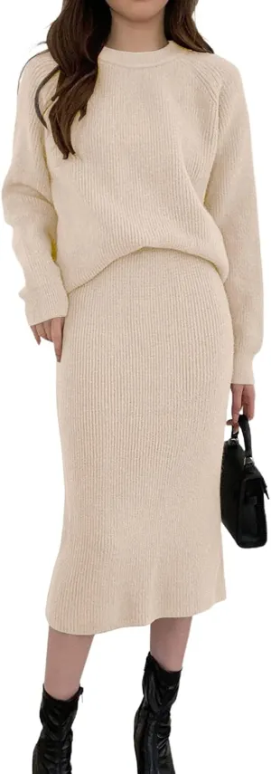 chouyatou Women's Two Piece Sweater Skirt Sets Knit Sweater Top Bodycon Skirt 2 Piece Outfits