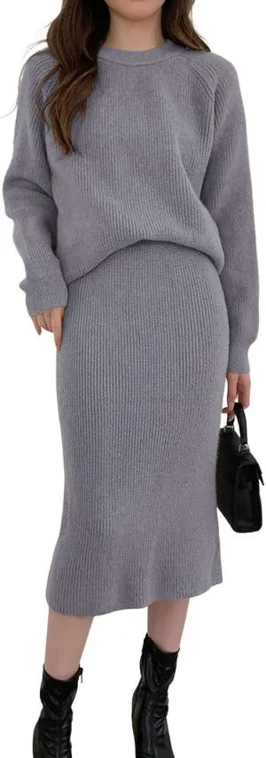 chouyatou Women's Two Piece Sweater Skirt Sets Knit Sweater Top Bodycon Skirt 2 Piece Outfits