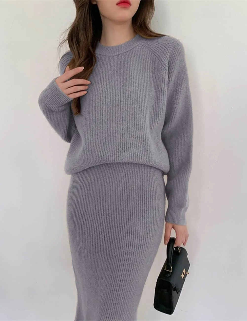 chouyatou Women's Two Piece Sweater Skirt Sets Knit Sweater Top Bodycon Skirt 2 Piece Outfits