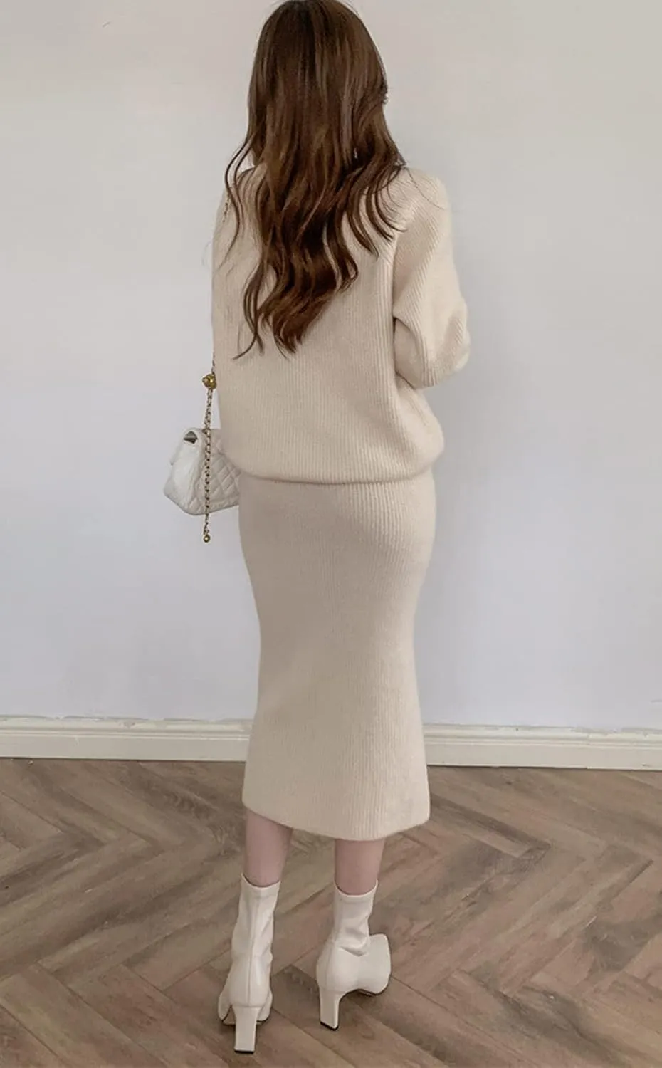 chouyatou Women's Two Piece Sweater Skirt Sets Knit Sweater Top Bodycon Skirt 2 Piece Outfits