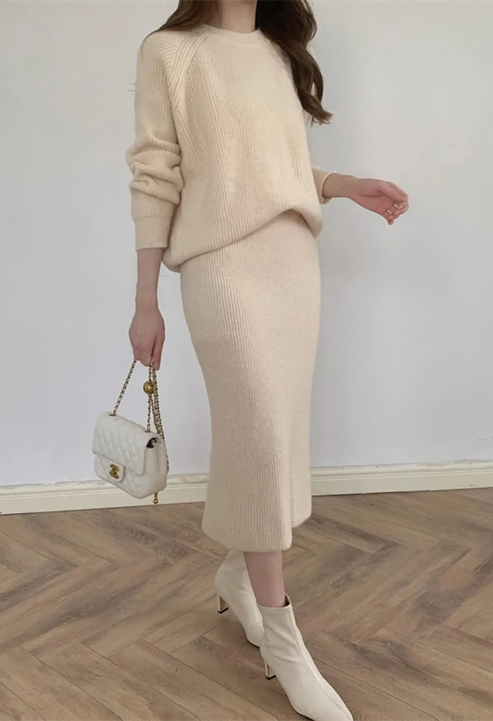chouyatou Women's Two Piece Sweater Skirt Sets Knit Sweater Top Bodycon Skirt 2 Piece Outfits