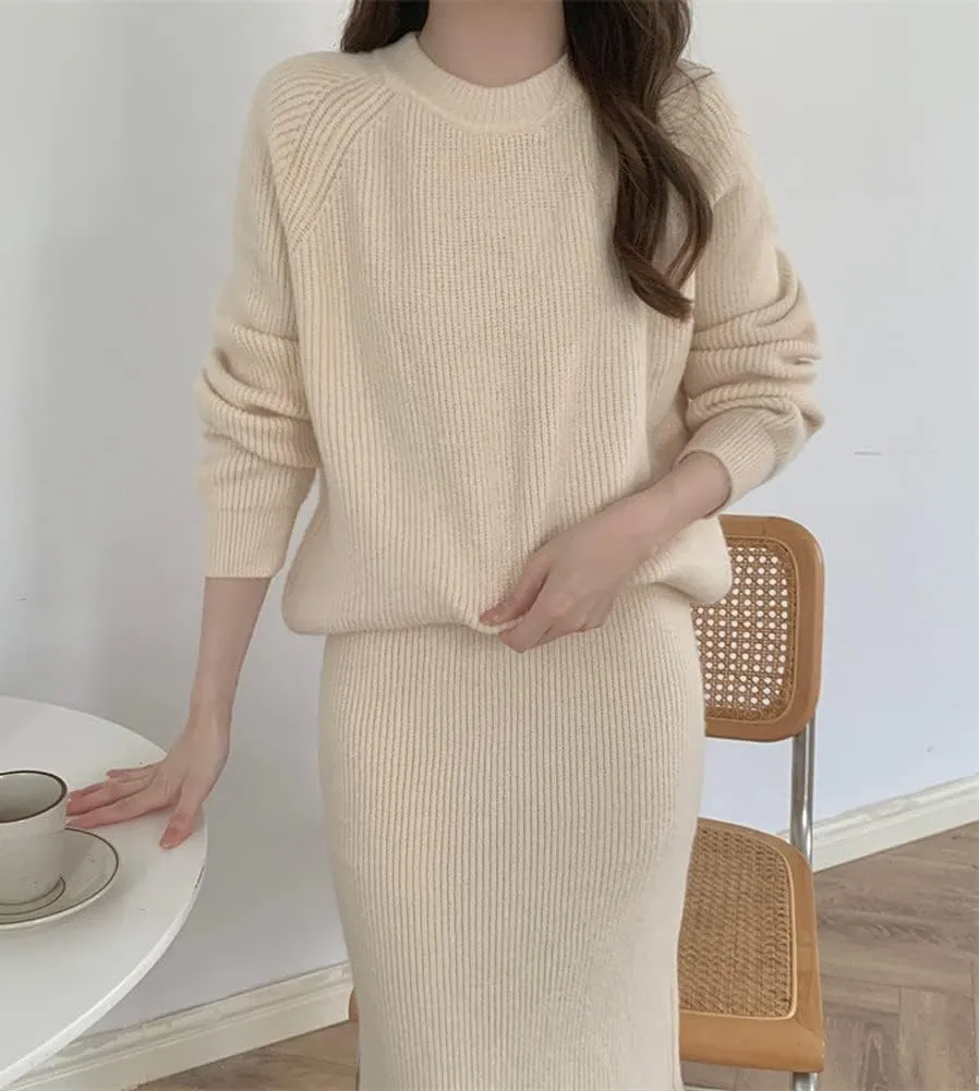 chouyatou Women's Two Piece Sweater Skirt Sets Knit Sweater Top Bodycon Skirt 2 Piece Outfits