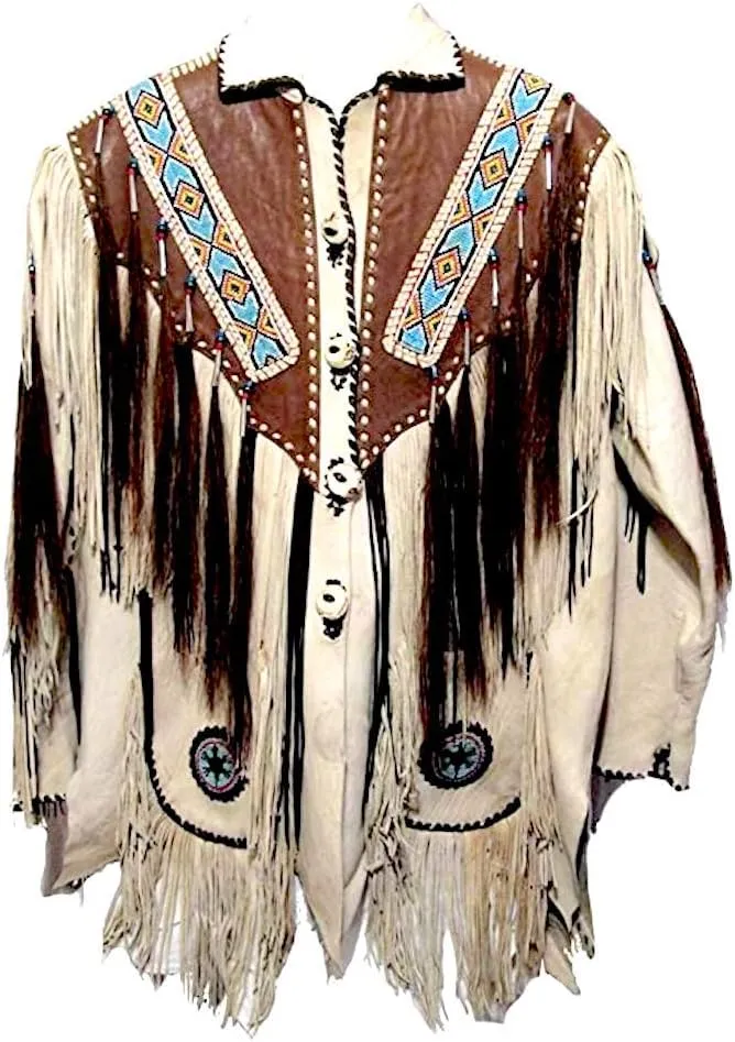 Classyak Men's Western Fringed and beaded Leather Jacket