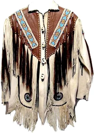 Classyak Men's Western Fringed and beaded Leather Jacket
