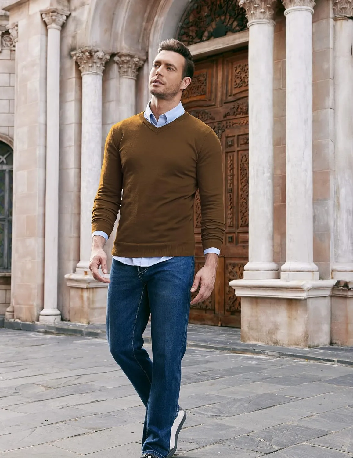COOFANDY Men Casual V Neck Sweater Ribbed Knit Slim Fit Long Sleeve Pullover Top