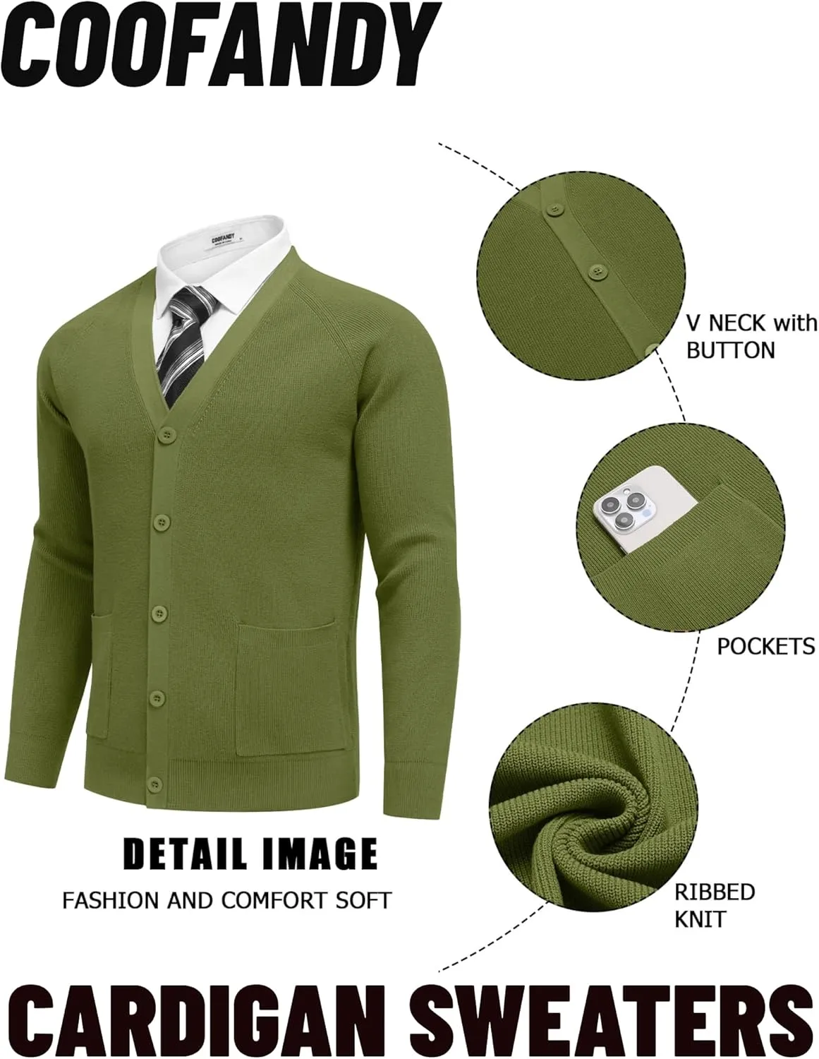 COOFANDY Men's Cardigan Sweaters with Button Lightweight Casual V Neck Long Sleeve Pockets Knitted Sweater