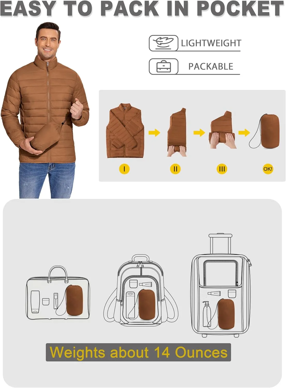 COOFANDY Mens Puffer Jacket Packable Lightweight Jackets Winter Coat Windproof Zipper Down Jacket