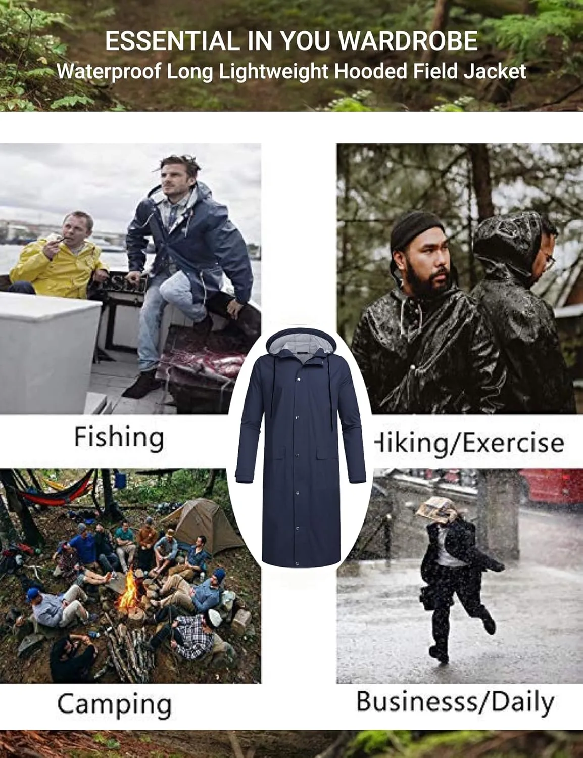 COOFANDY Men's Rain Jacket with Hood Waterproof Lightweight Active Long Raincoat