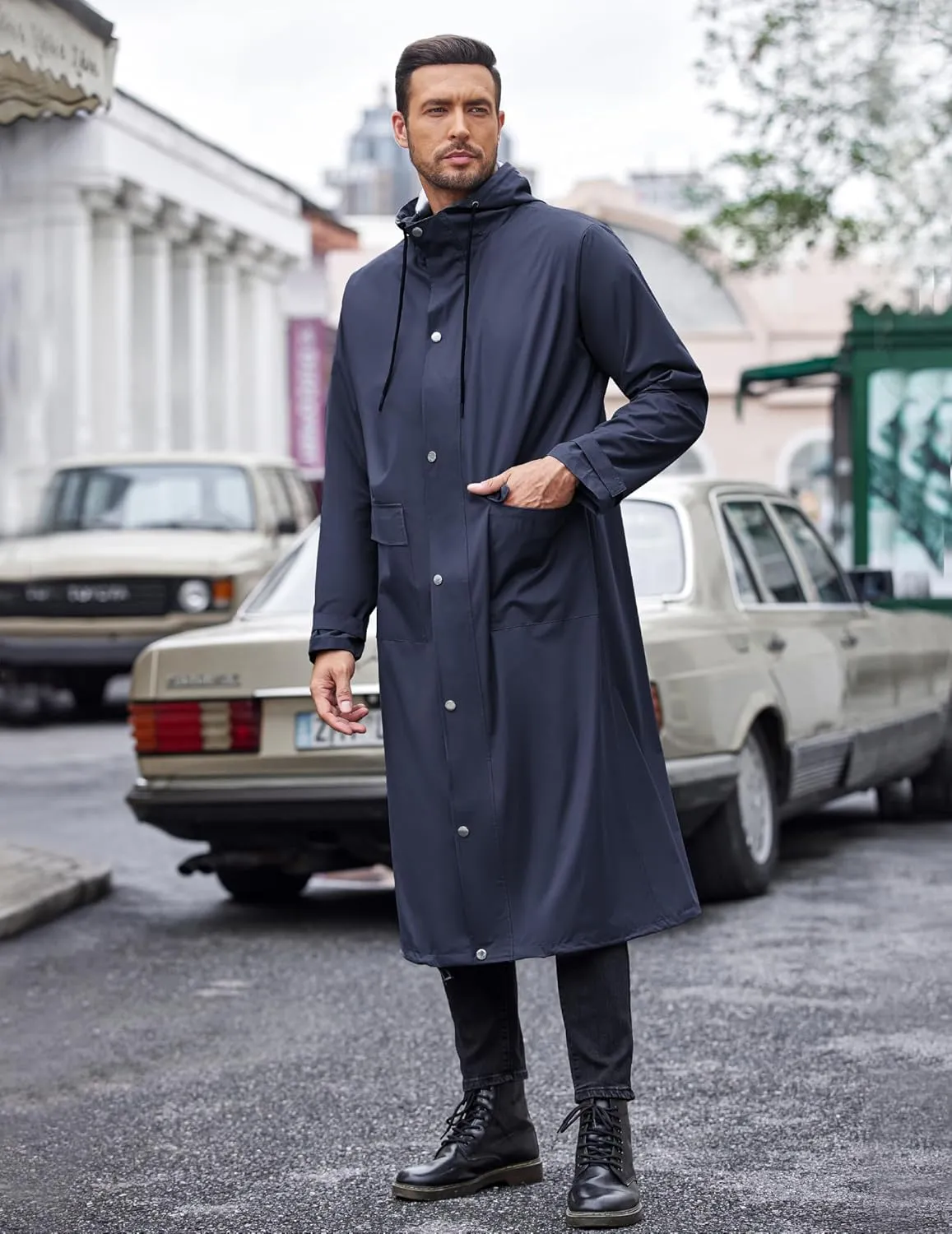 COOFANDY Men's Rain Jacket with Hood Waterproof Lightweight Active Long Raincoat