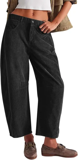 Corduroy Pants Women Wide Leg Corduroy Pants Casual Barrel Baggy Mid Rise Elastic Waist Cord Trousers