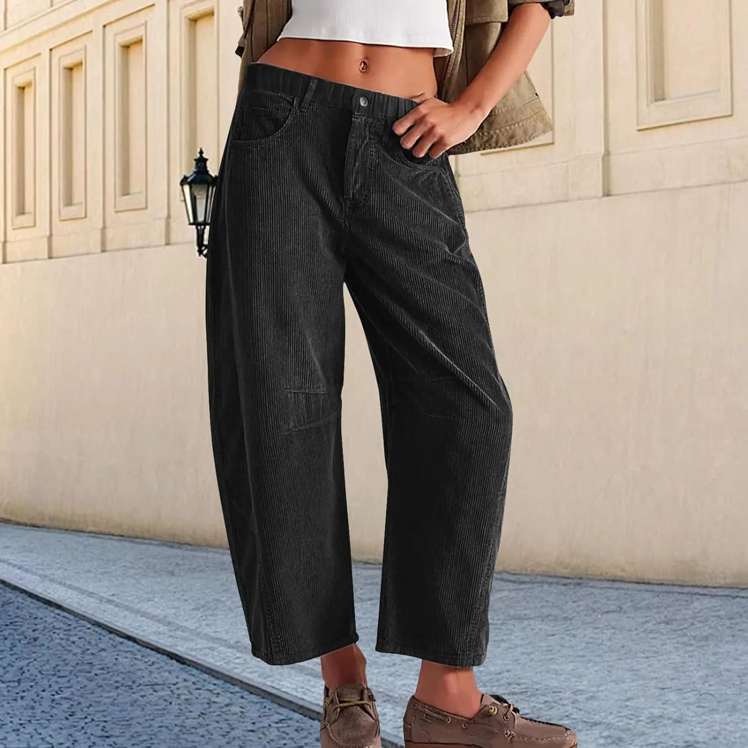 Corduroy Pants Women Wide Leg Corduroy Pants Casual Barrel Baggy Mid Rise Elastic Waist Cord Trousers