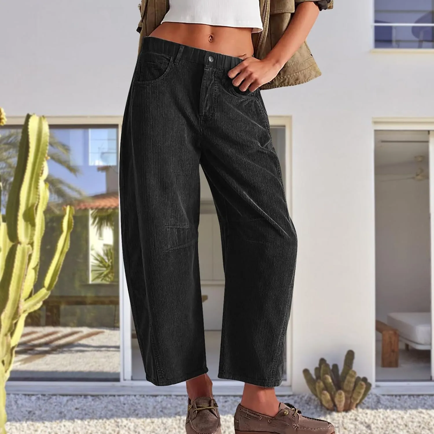 Corduroy Pants Women Wide Leg Corduroy Pants Casual Barrel Baggy Mid Rise Elastic Waist Cord Trousers